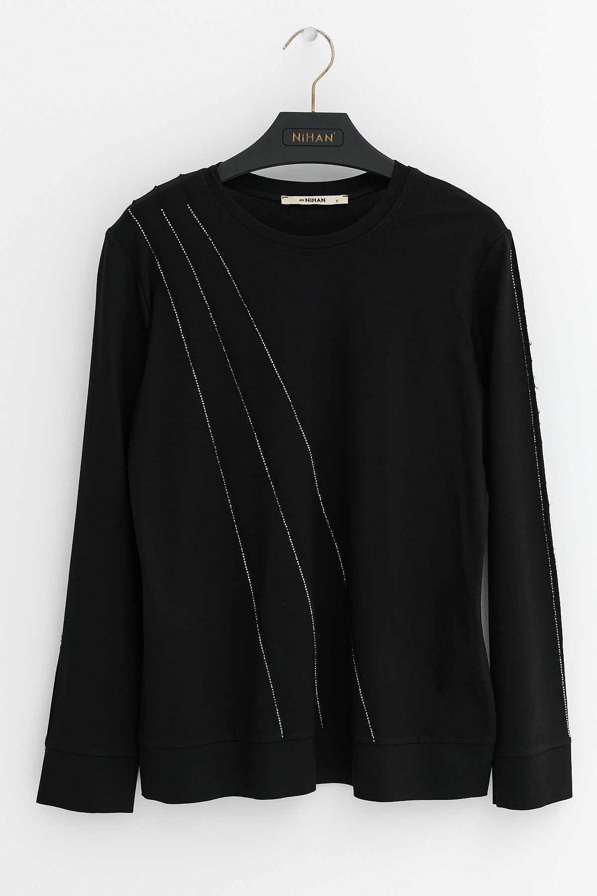 Cotton Blouse with Sparkling Stone Details - Black