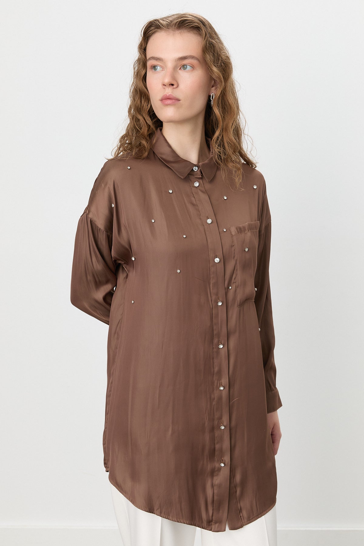 Tunic with Sparkling Stone Details - Brown
