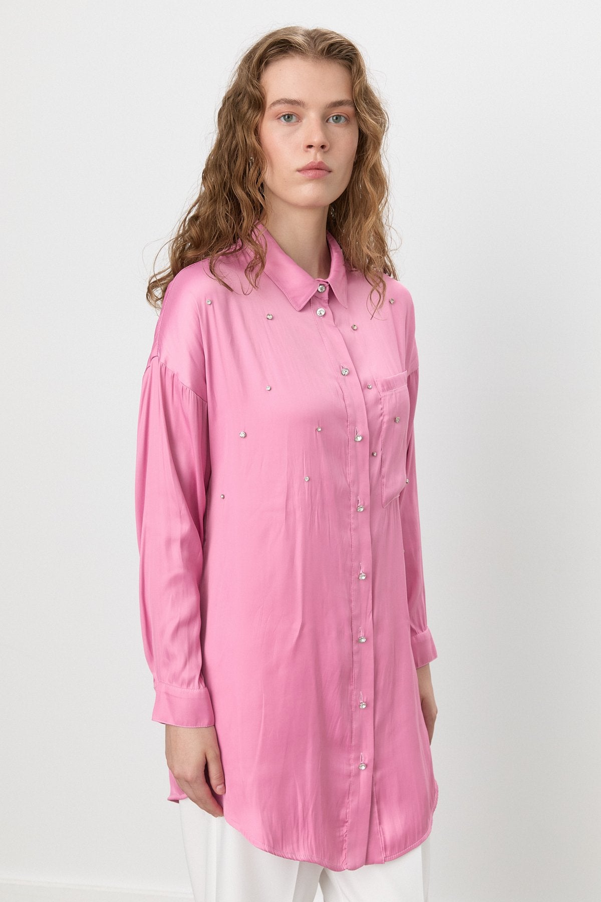 Parlak Taş Detaylı Tunik - Pembe