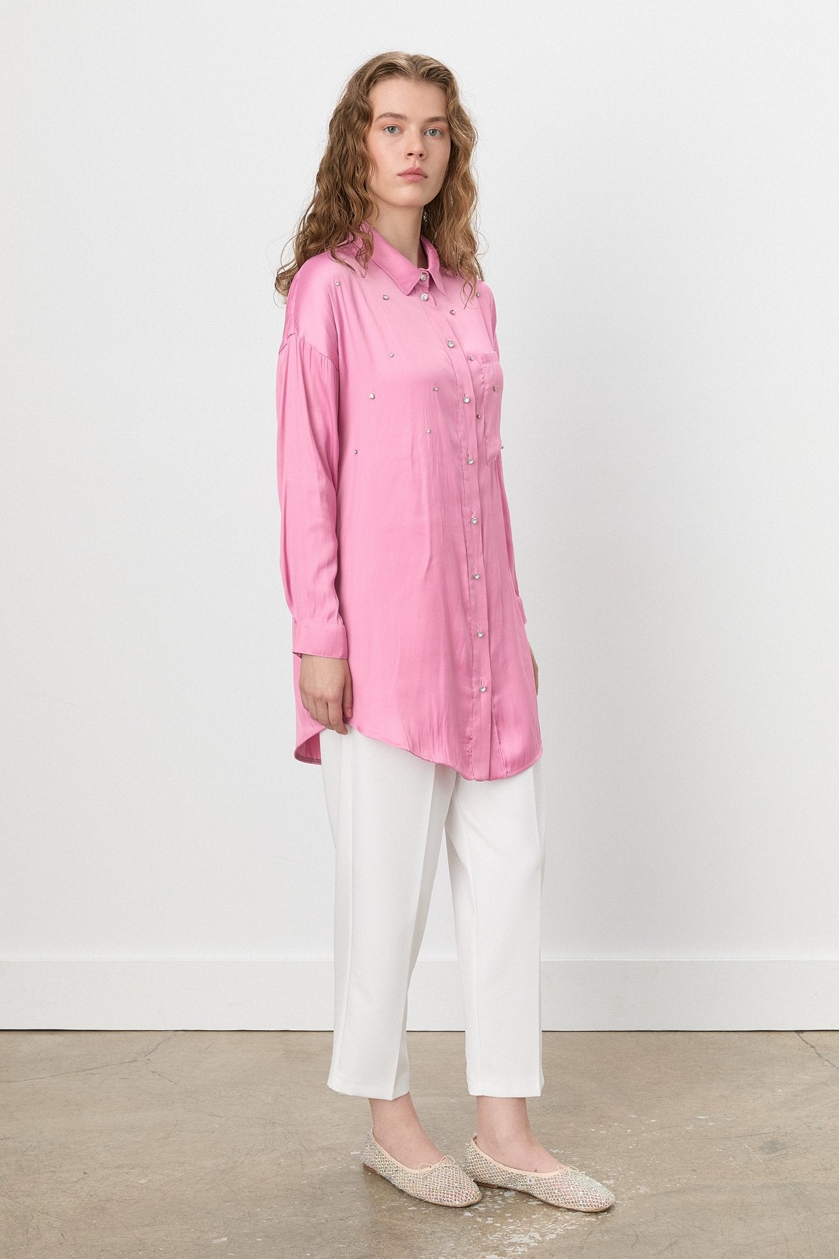 Parlak Taş Detaylı Tunik - Pembe