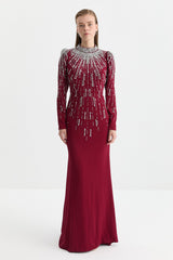Sparkling Stone Embellished Evening Dress - Cherry