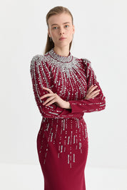 Sparkling Stone Embellished Evening Dress - Cherry