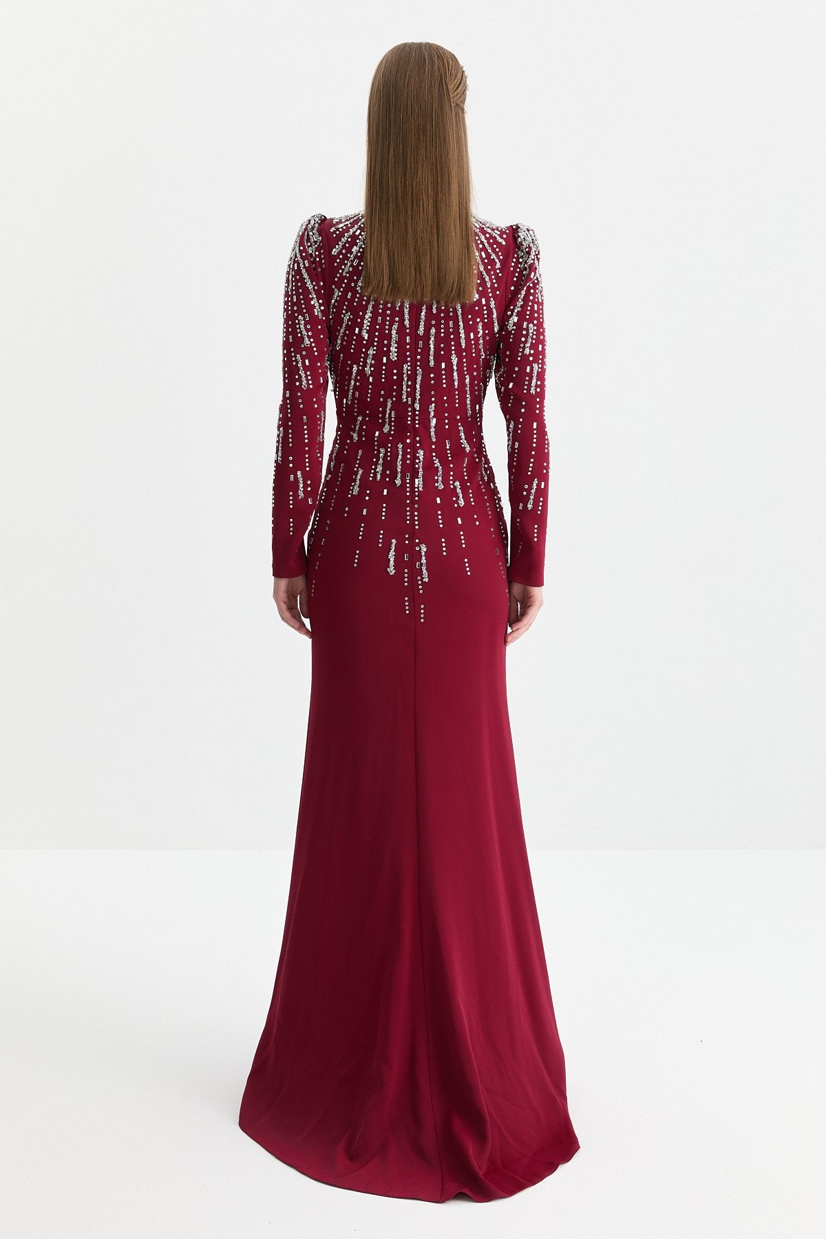 Sparkling Stone Embellished Evening Dress - Cherry