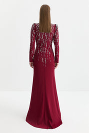 Sparkling Stone Embellished Evening Dress - Cherry