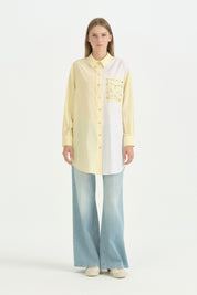 Parlak Taşlı Çizgili Poplin Tunik - Sarı