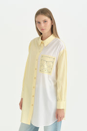 Parlak Taşlı Çizgili Poplin Tunik - Sarı