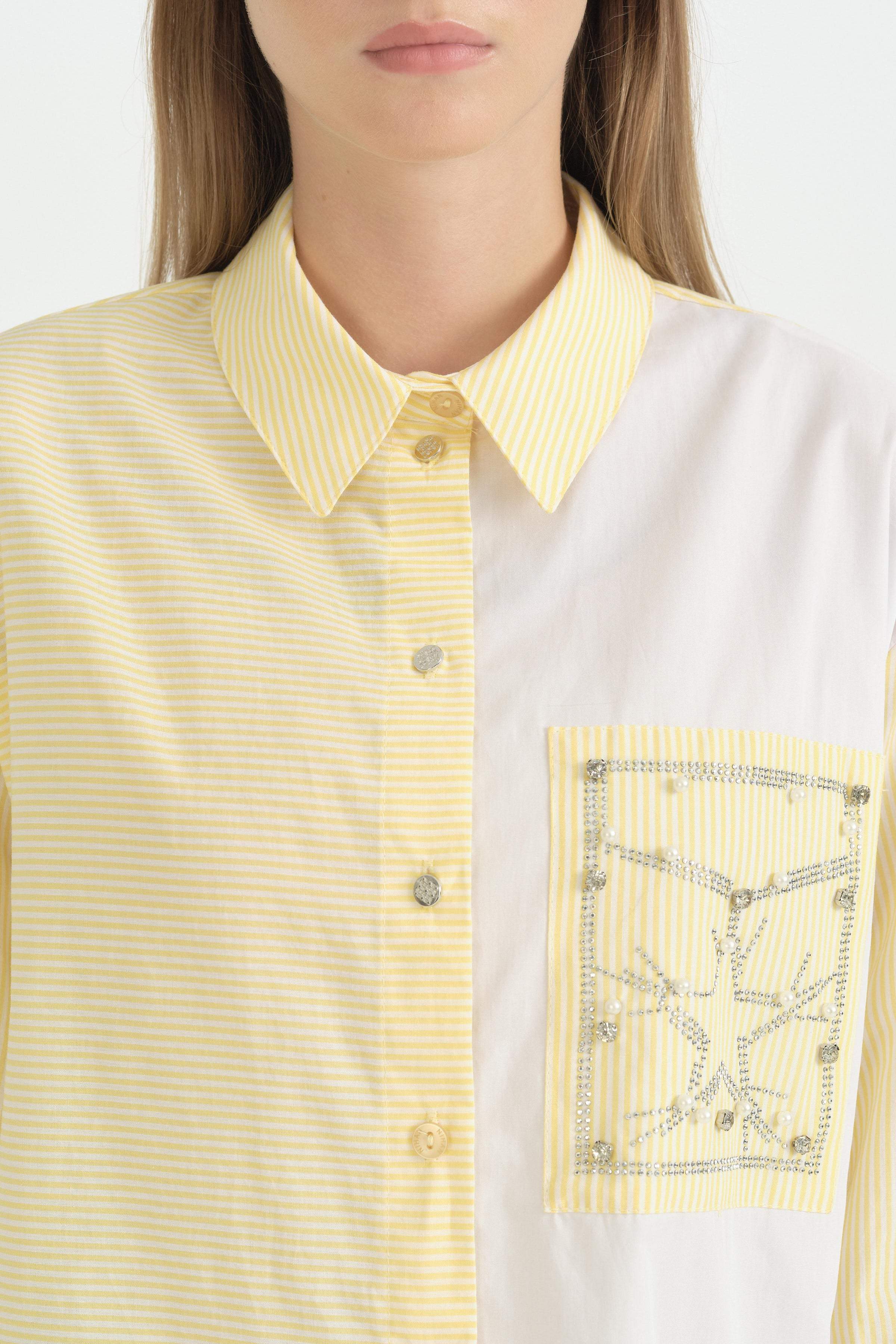 Parlak Taşlı Çizgili Poplin Tunik - Sarı