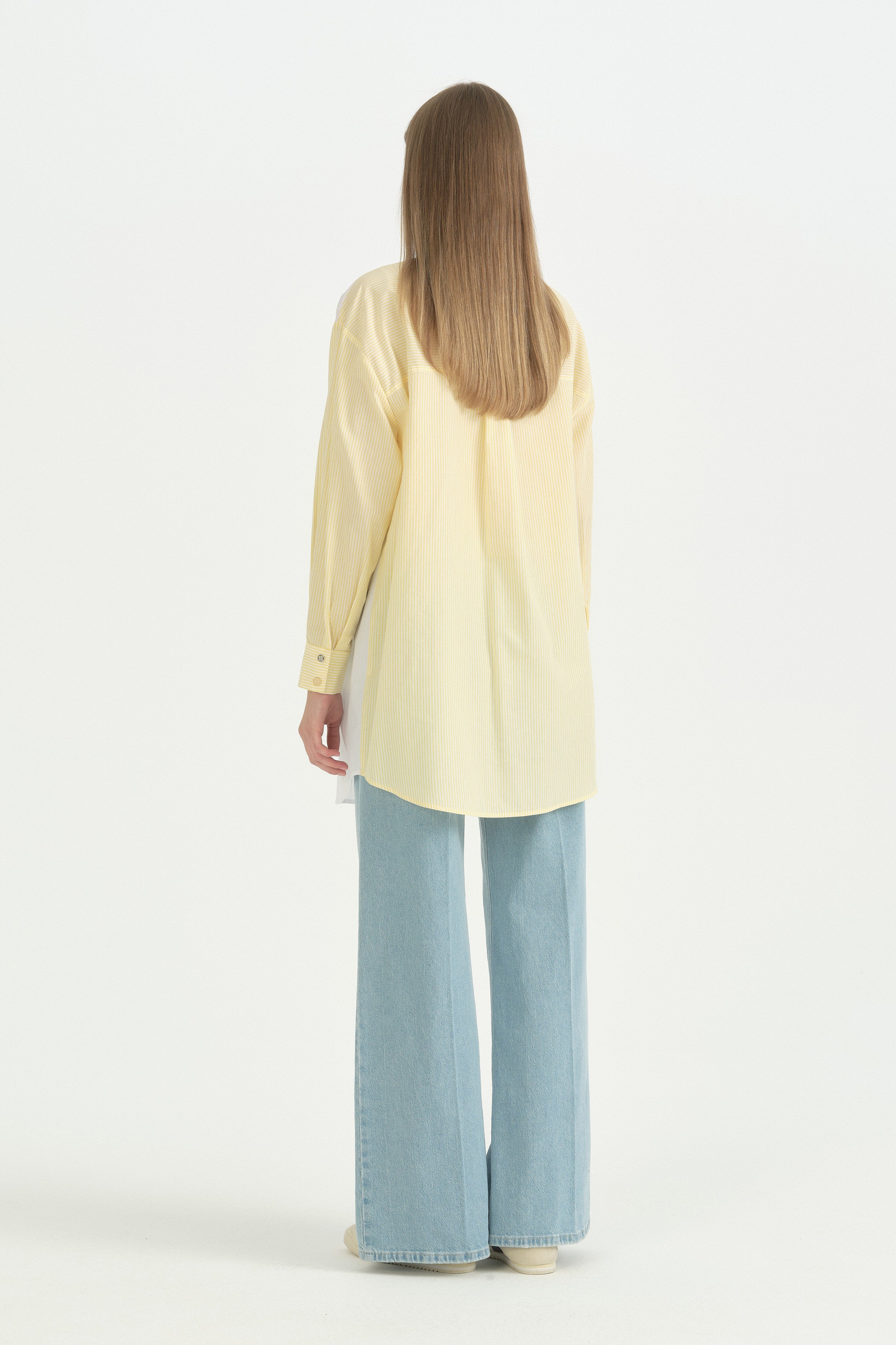 Parlak Taşlı Çizgili Poplin Tunik - Sarı