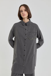 Parlak Taşlı Denim Tunik - Füme