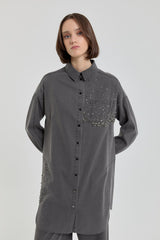 Parlak Taşlı Denim Tunik - Füme
