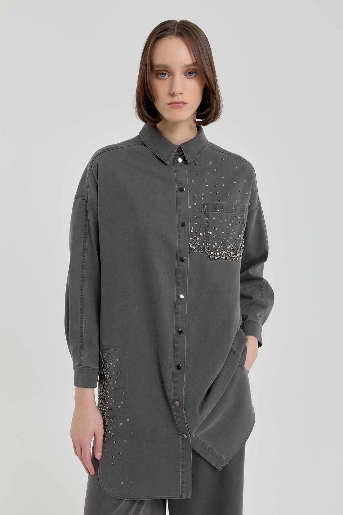 Parlak Taşlı Denim Tunik - Füme