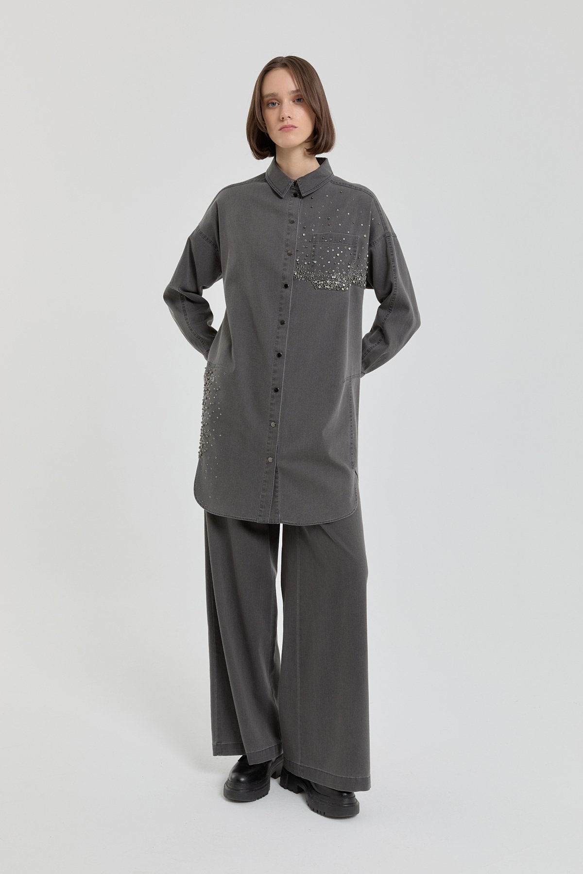 Parlak Taşlı Denim Tunik - Füme