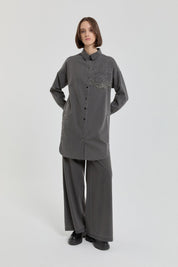 Parlak Taşlı Denim Tunik - Füme