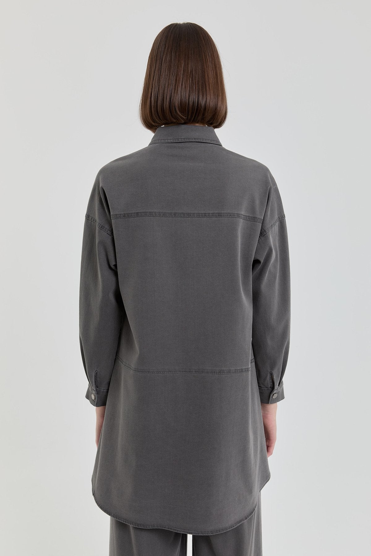Parlak Taşlı Denim Tunik - Füme