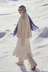 Angora Coat with Sparkling Stones and Wide Collar - Beige