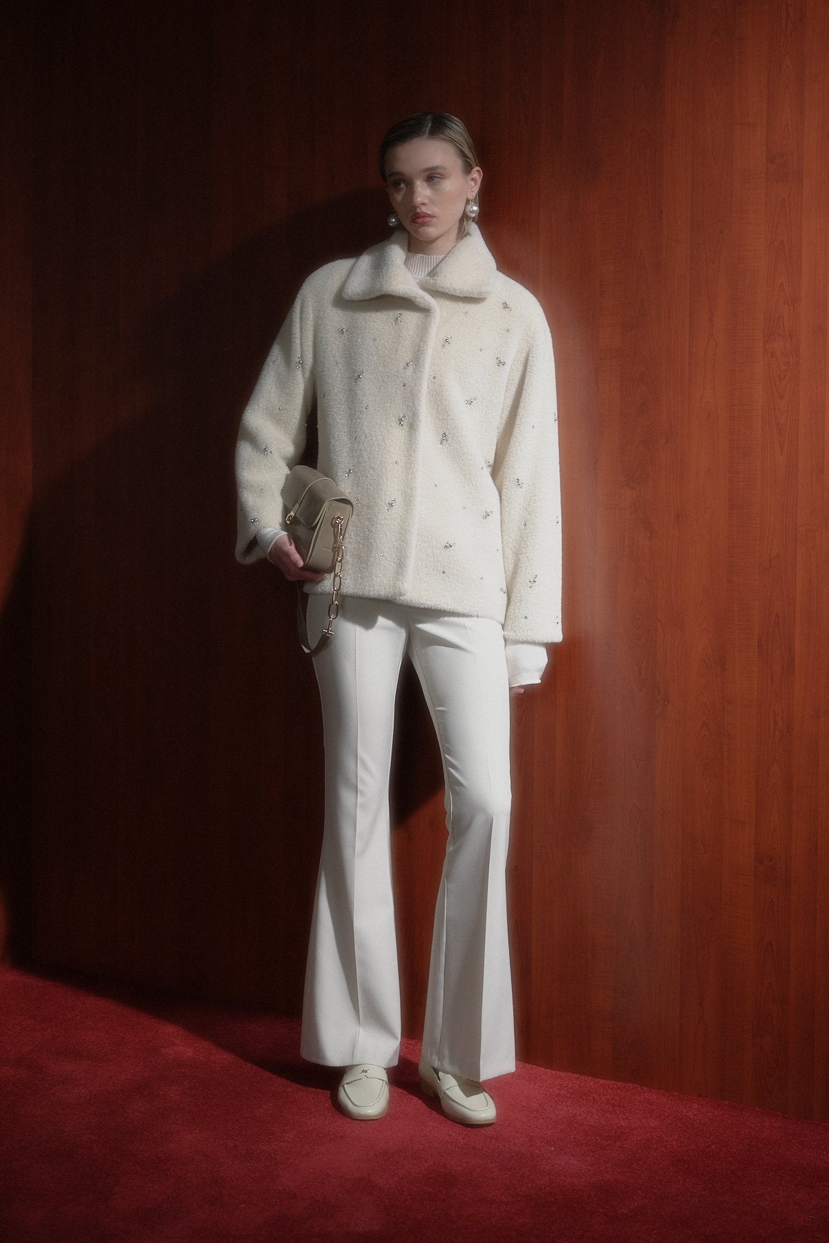 Angora Coat with Sparkling Stones and Wide Collar - Beige