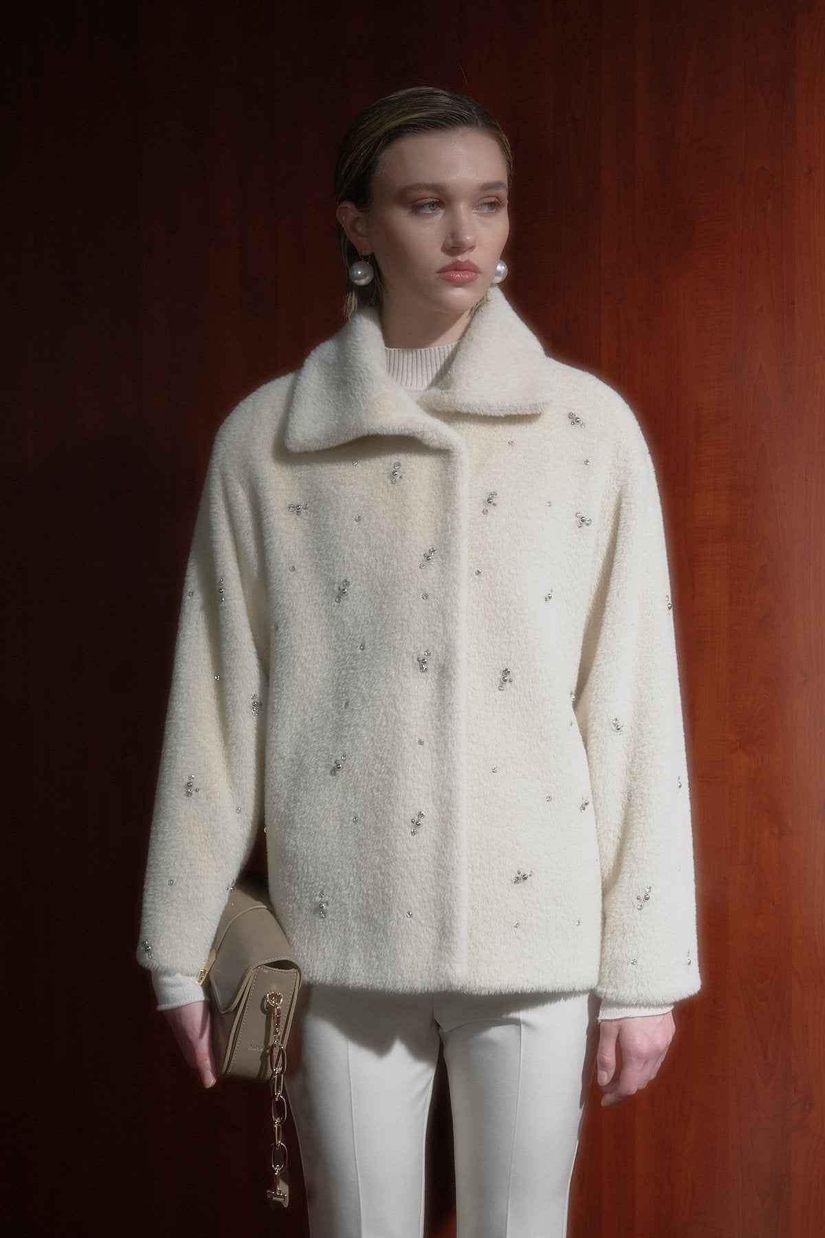 Angora Coat with Sparkling Stones and Wide Collar - Beige