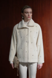 Angora Coat with Sparkling Stones and Wide Collar - Beige