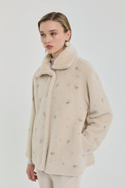 Angora Coat with Sparkling Stones and Wide Collar - Beige