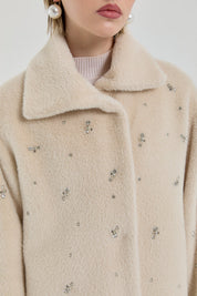 Angora Coat with Sparkling Stones and Wide Collar - Beige