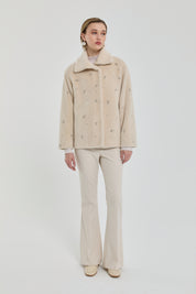 Angora Coat with Sparkling Stones and Wide Collar - Beige