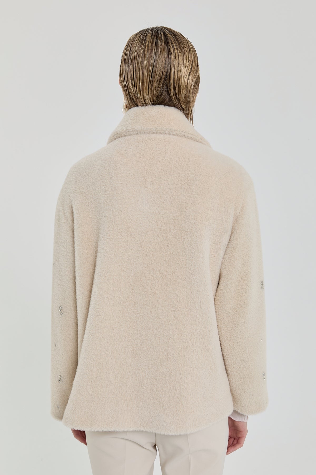 Angora Coat with Sparkling Stones and Wide Collar - Beige