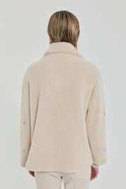 Angora Coat with Sparkling Stones and Wide Collar - Beige