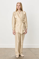 Sparkling Stone Embellished Belted Jacket and Trousers Set - Beige