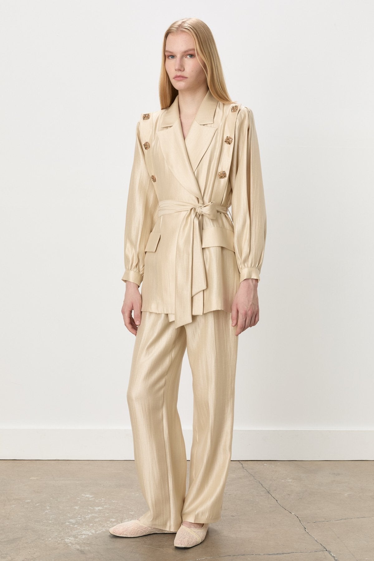 Sparkling Stone Embellished Belted Jacket and Trousers Set - Beige