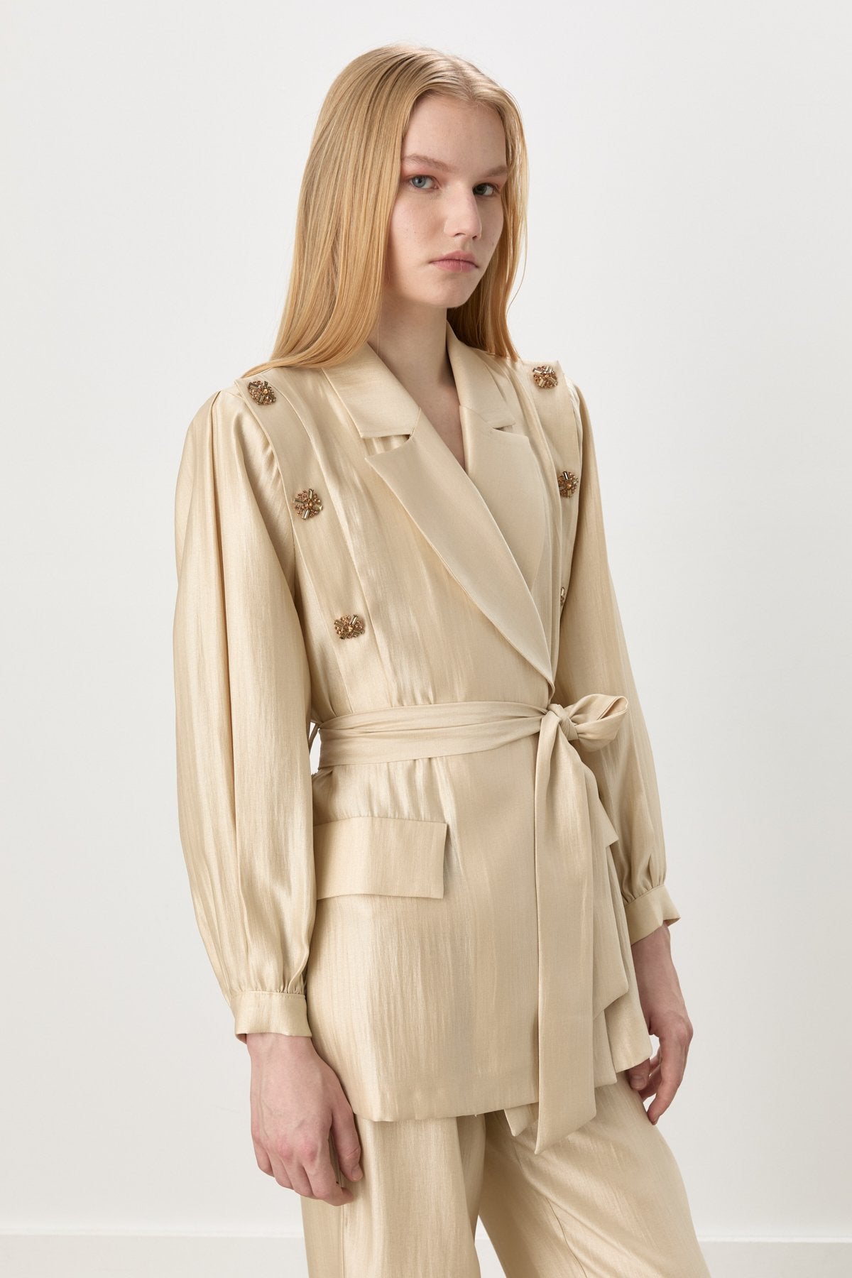 Sparkling Stone Embellished Belted Jacket and Trousers Set - Beige