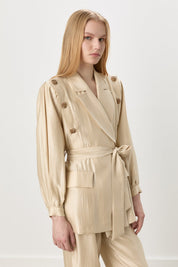 Sparkling Stone Embellished Belted Jacket and Trousers Set - Beige
