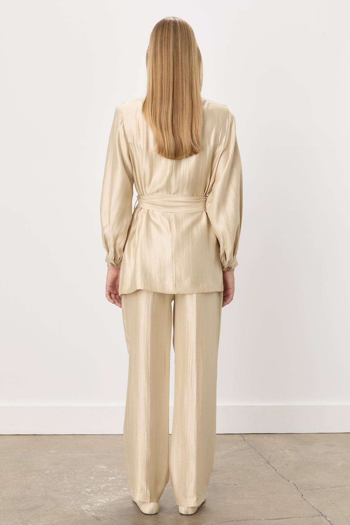 Sparkling Stone Embellished Belted Jacket and Trousers Set - Beige