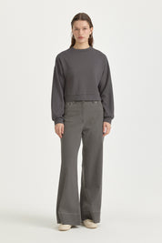 Parlak Taşlı Örme Crop Bluz - Füme