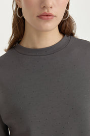 Parlak Taşlı Örme Crop Bluz - Füme