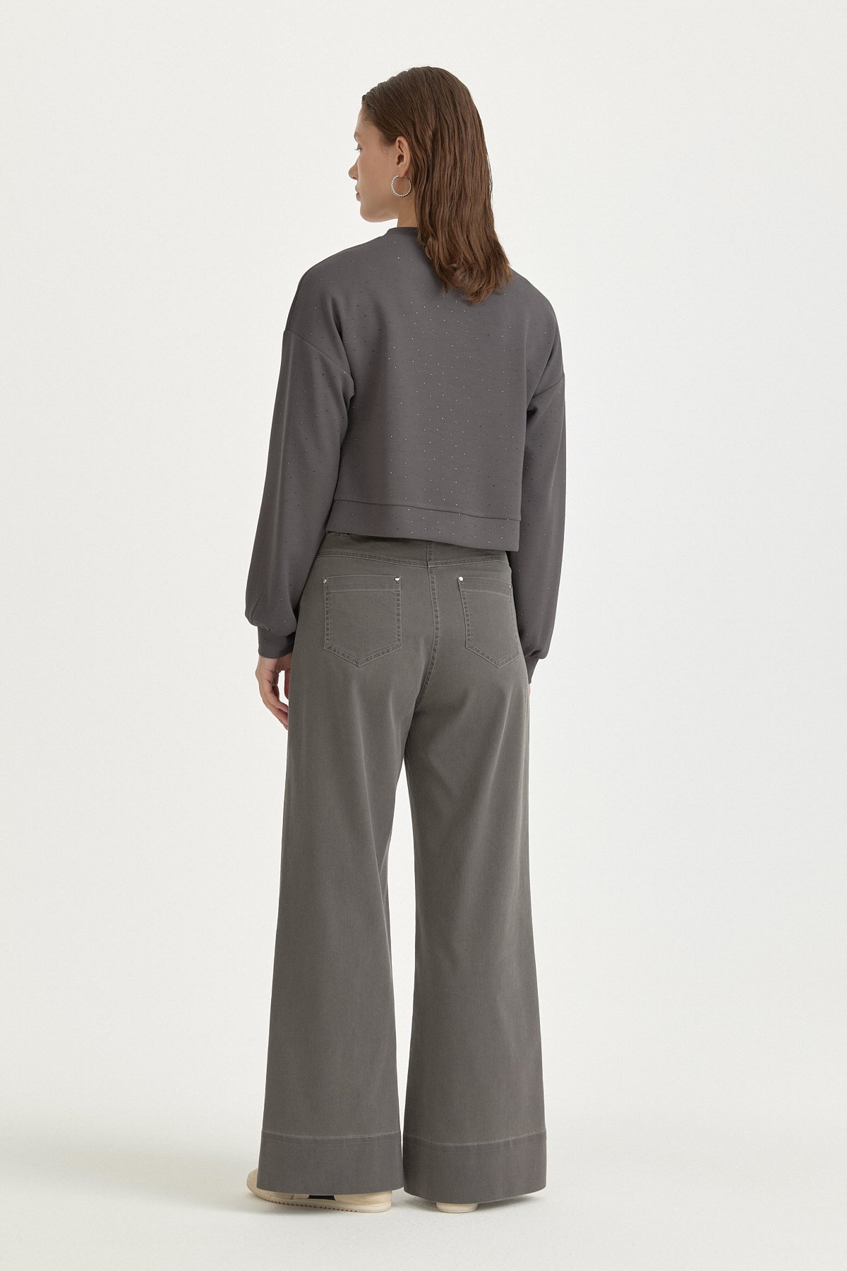 Parlak Taşlı Örme Crop Bluz - Füme