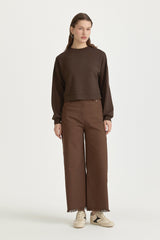 Parlak Taşlı Örme Crop Bluz - Kahve
