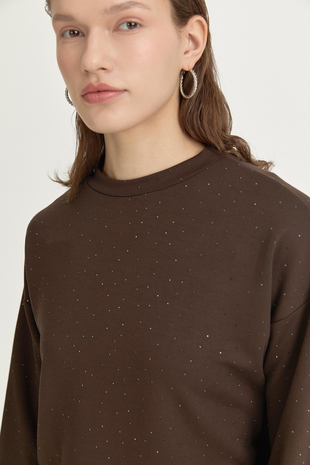 Parlak Taşlı Örme Crop Bluz - Kahve