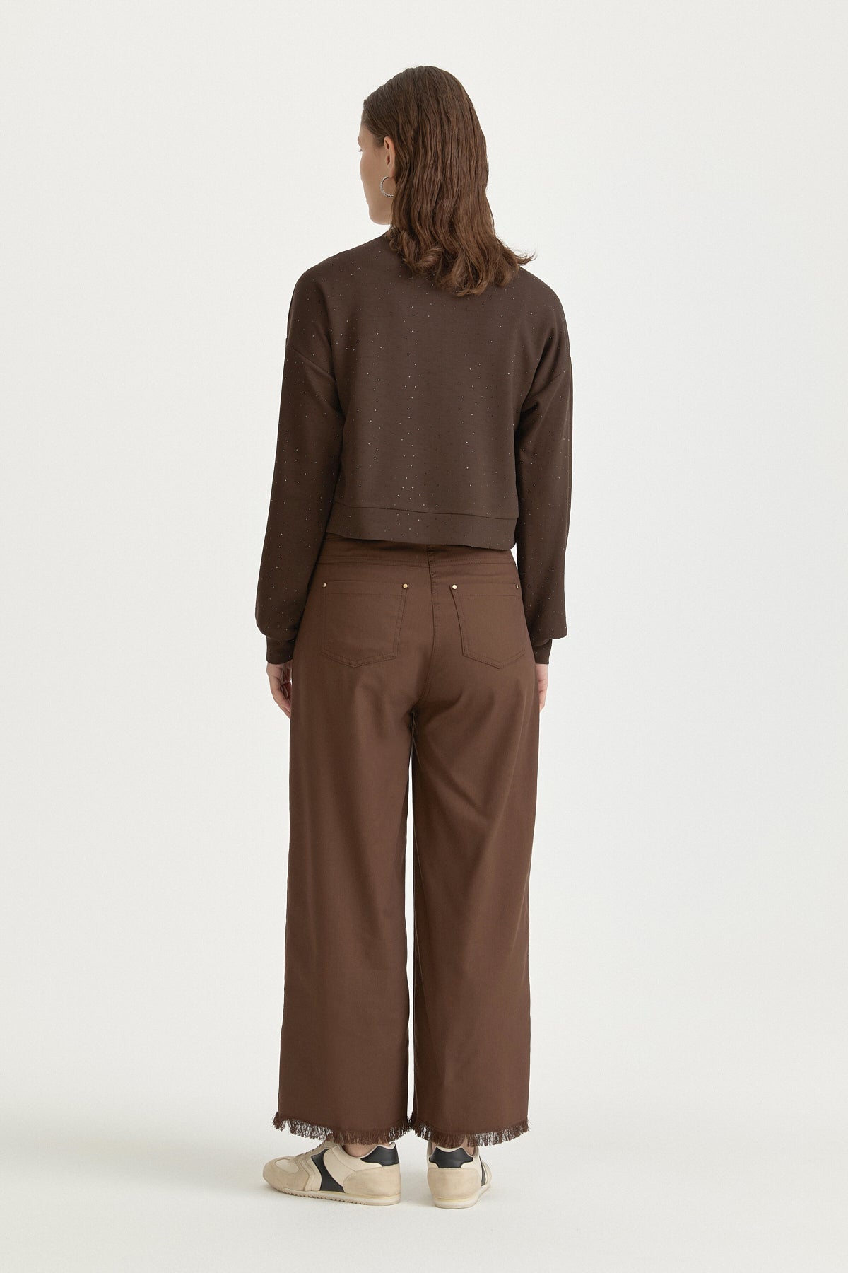 Parlak Taşlı Örme Crop Bluz - Kahve