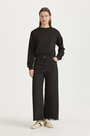 Parlak Taşlı Örme Crop Bluz - Siyah