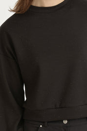 Parlak Taşlı Örme Crop Bluz - Siyah