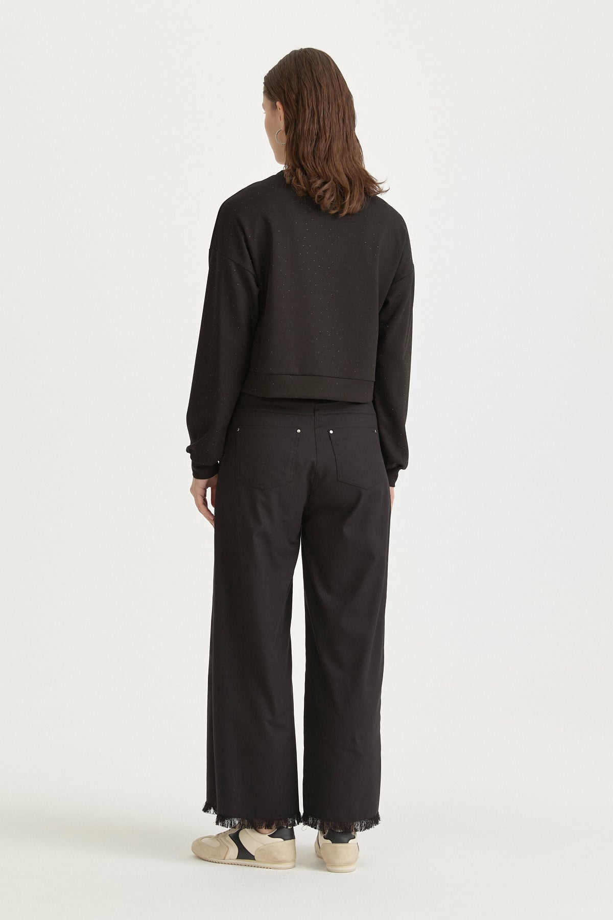 Parlak Taşlı Örme Crop Bluz - Siyah