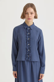 Ruffled Placket Lyocell Shirt Skirt Set - Indigo