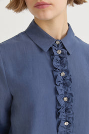 Ruffled Placket Lyocell Shirt Skirt Set - Indigo