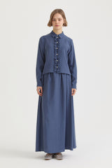 Ruffled Placket Lyocell Shirt Skirt Set - Indigo