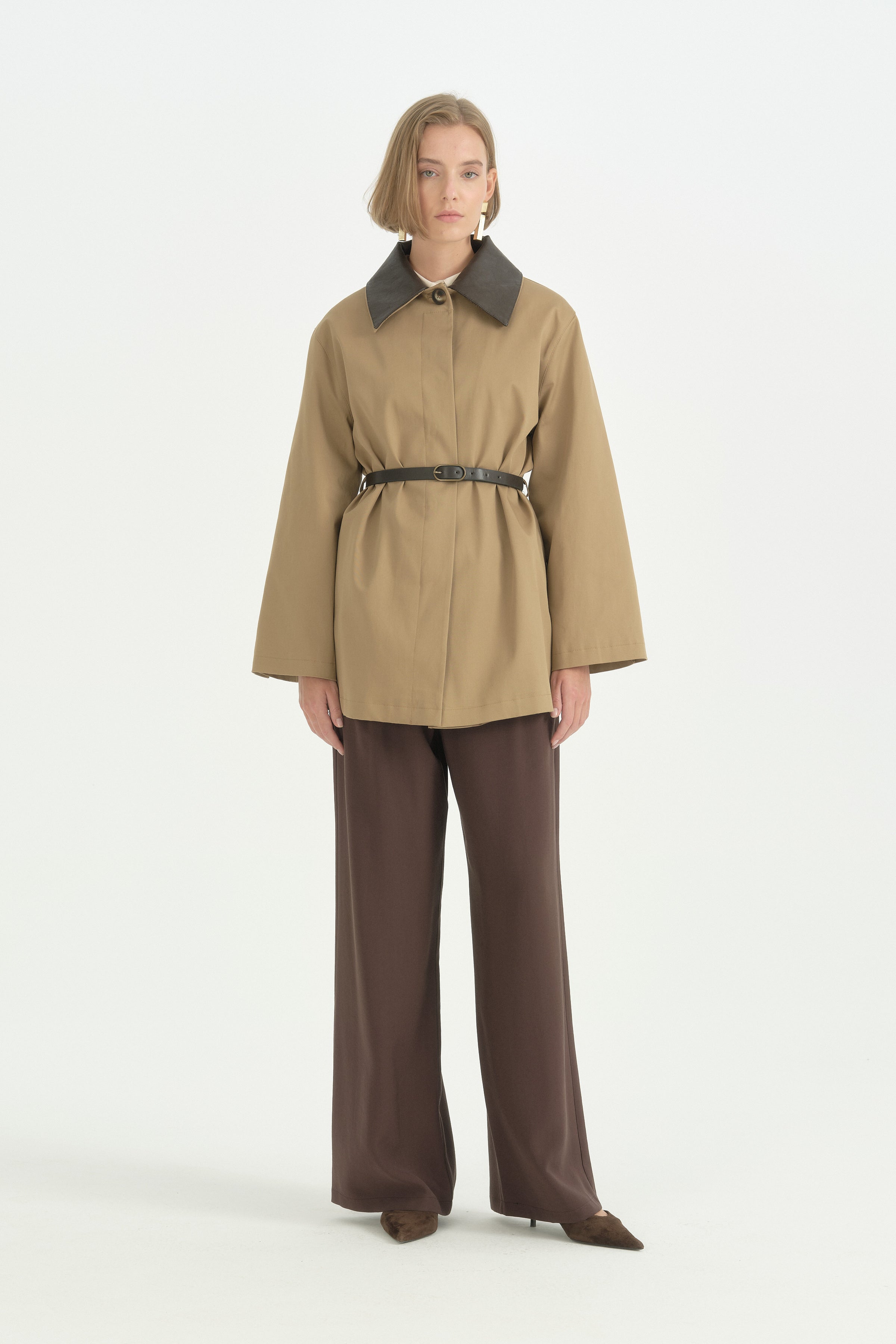 Patlı Deri Kenarlı Basic Trençkot - Olive