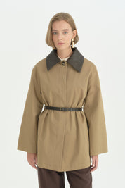 Patlı Deri Kenarlı Basic Trençkot - Olive