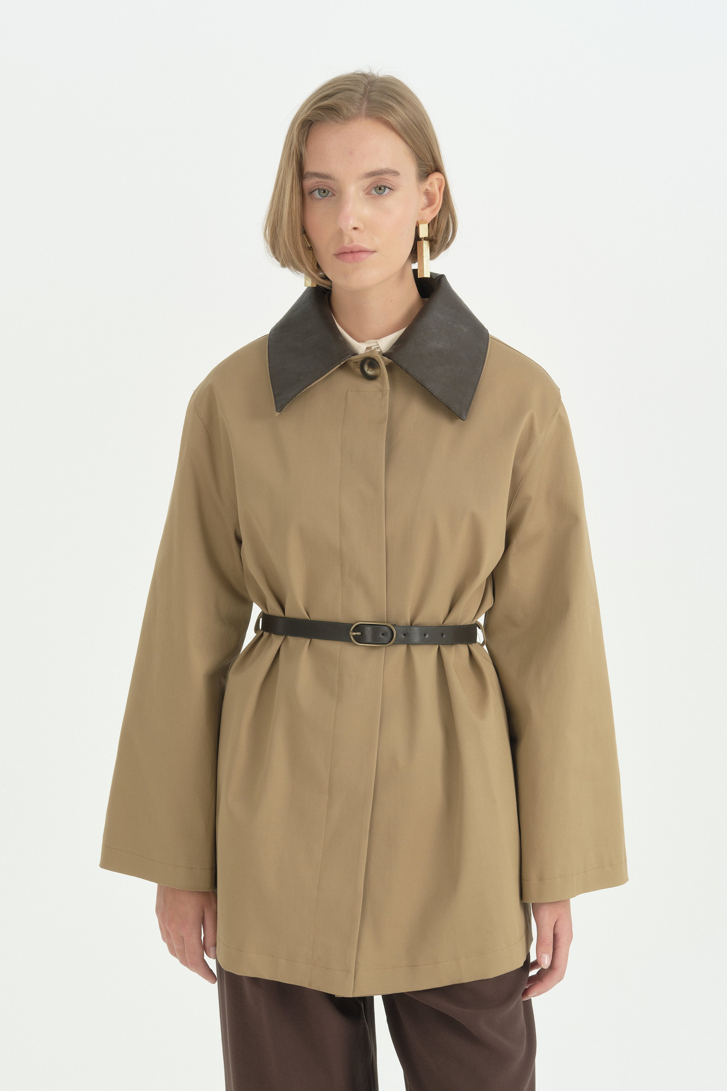 Patlı Deri Kenarlı Basic Trençkot - Olive