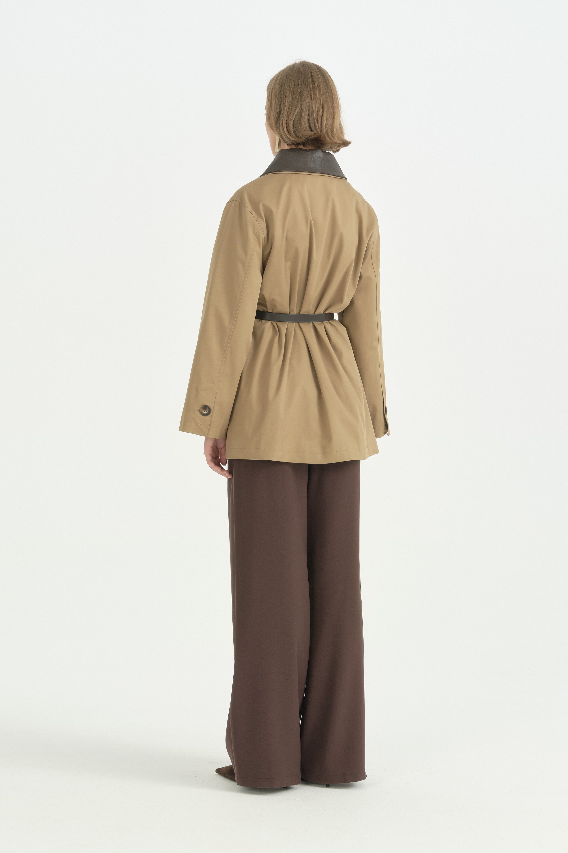 Patlı Deri Kenarlı Basic Trençkot - Olive