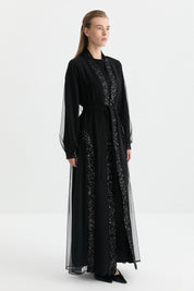 Sequined Detail Abaya Set - Black