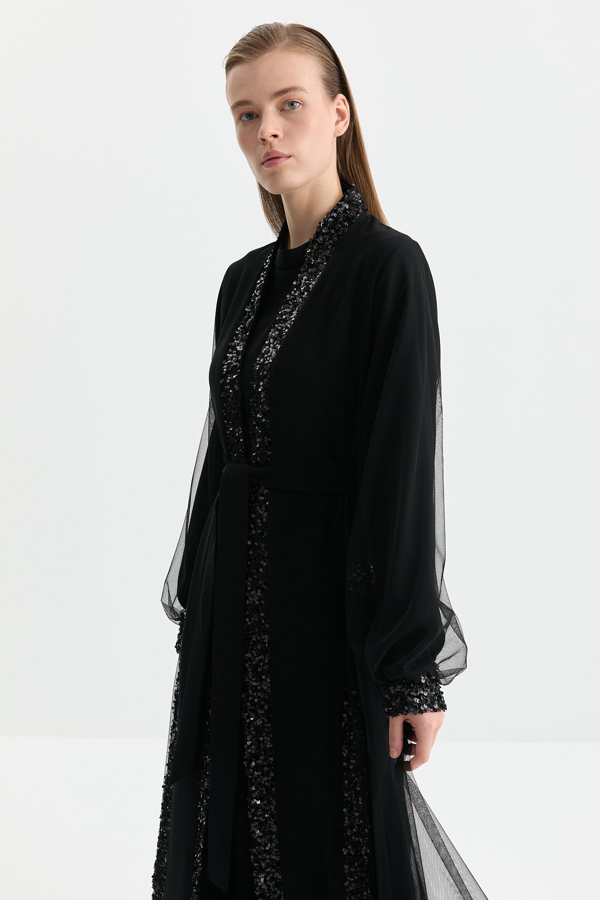 Sequined Detail Abaya Set - Black